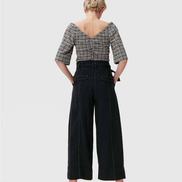 Ganni Seersucker V-neck Blouse Black Mini Check size 4 - Picture 2 of 7